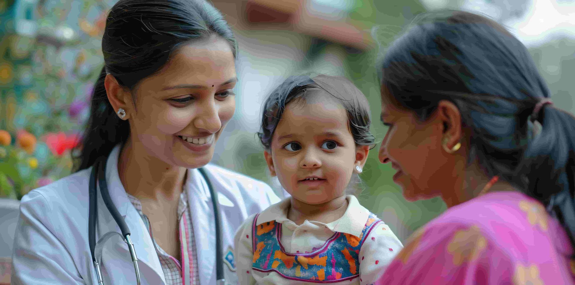 A lady doctor having a conversation with a child and her mother