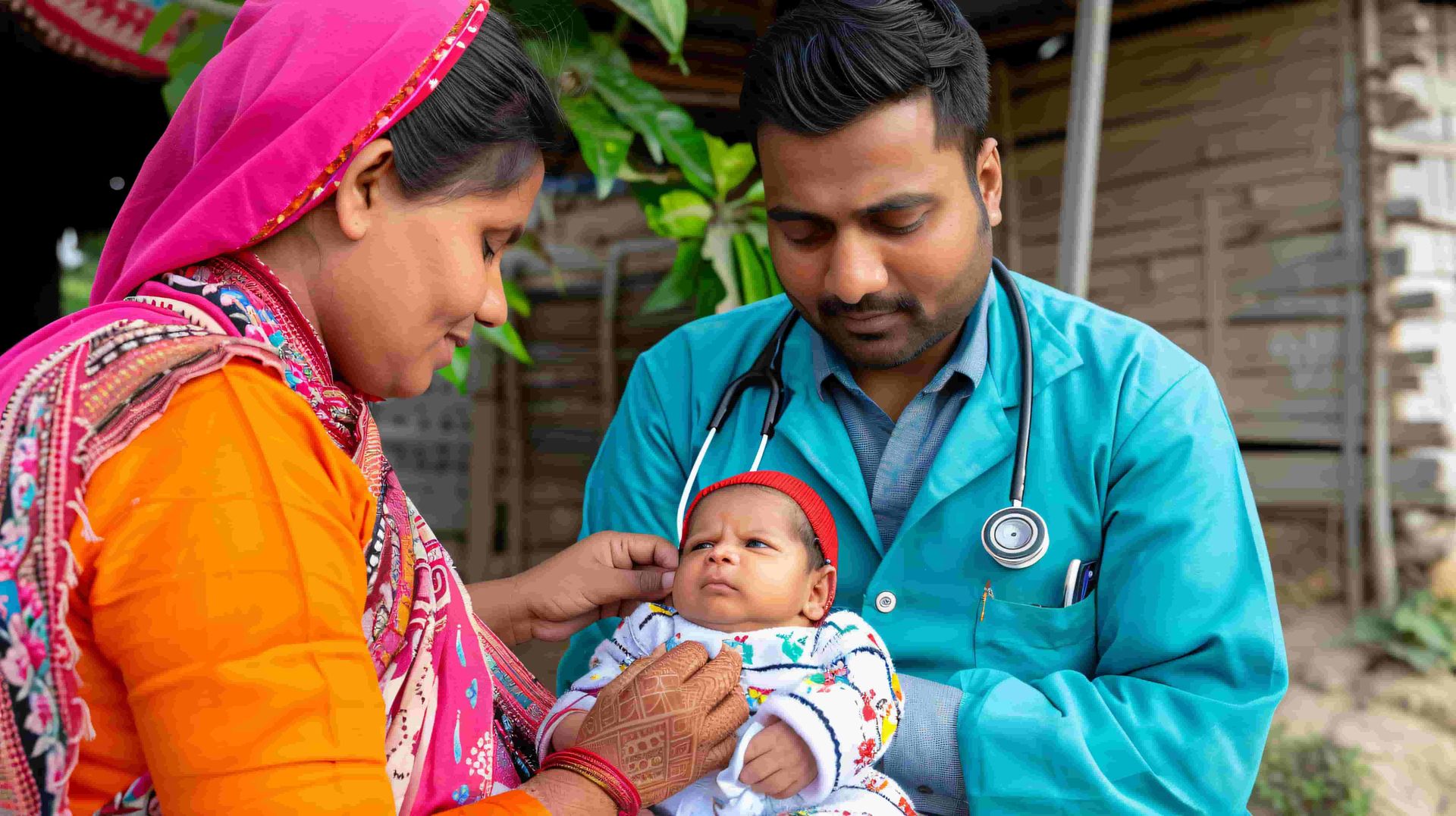 Doctor examining infant with mother during rural healthcare visit