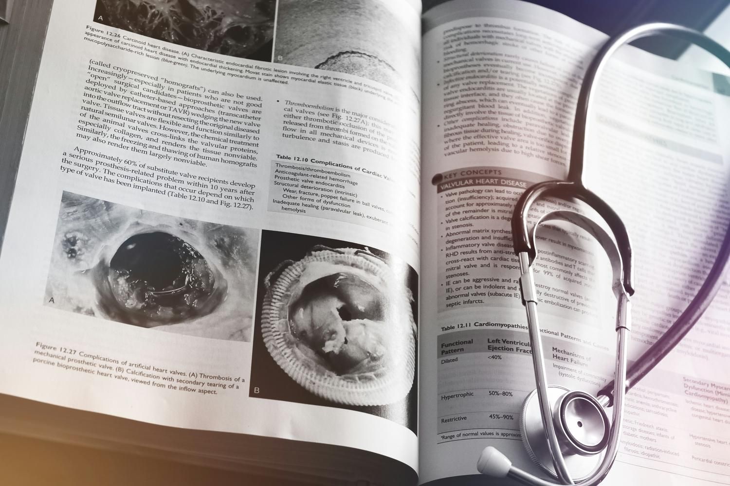 A medical textbook with a stethoscope placed on it, representing clinical study and healthcare education.