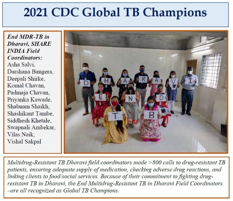 2021 CDC Global TB Champions recognition featuring the SHARE India Dharavi field team for their work in combating multidrug-resistant tuberculosis
