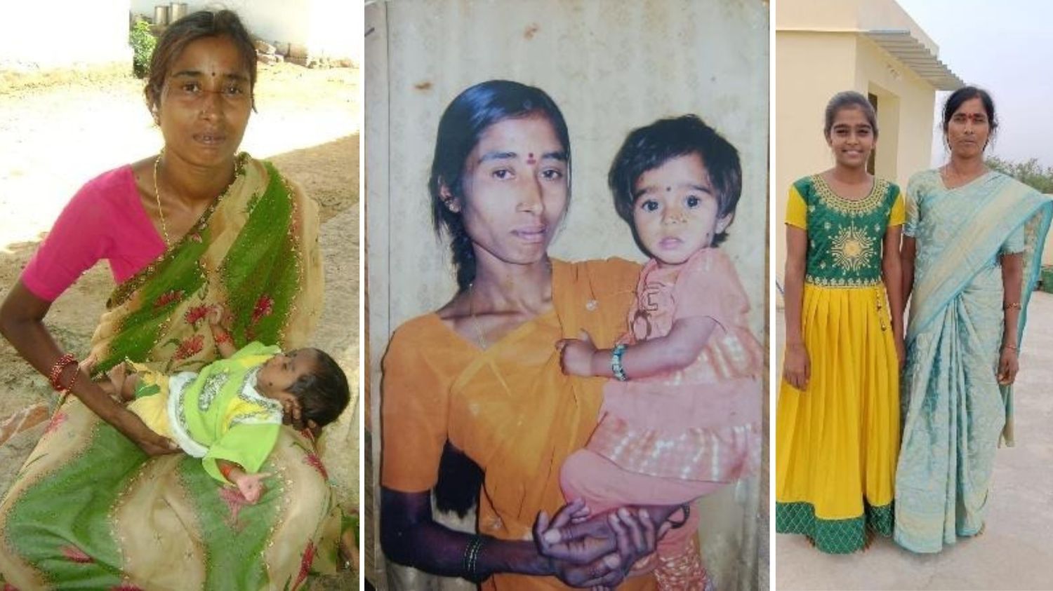 Transformation journey of a mother and child over time, highlighting improved health and well-being through care and support