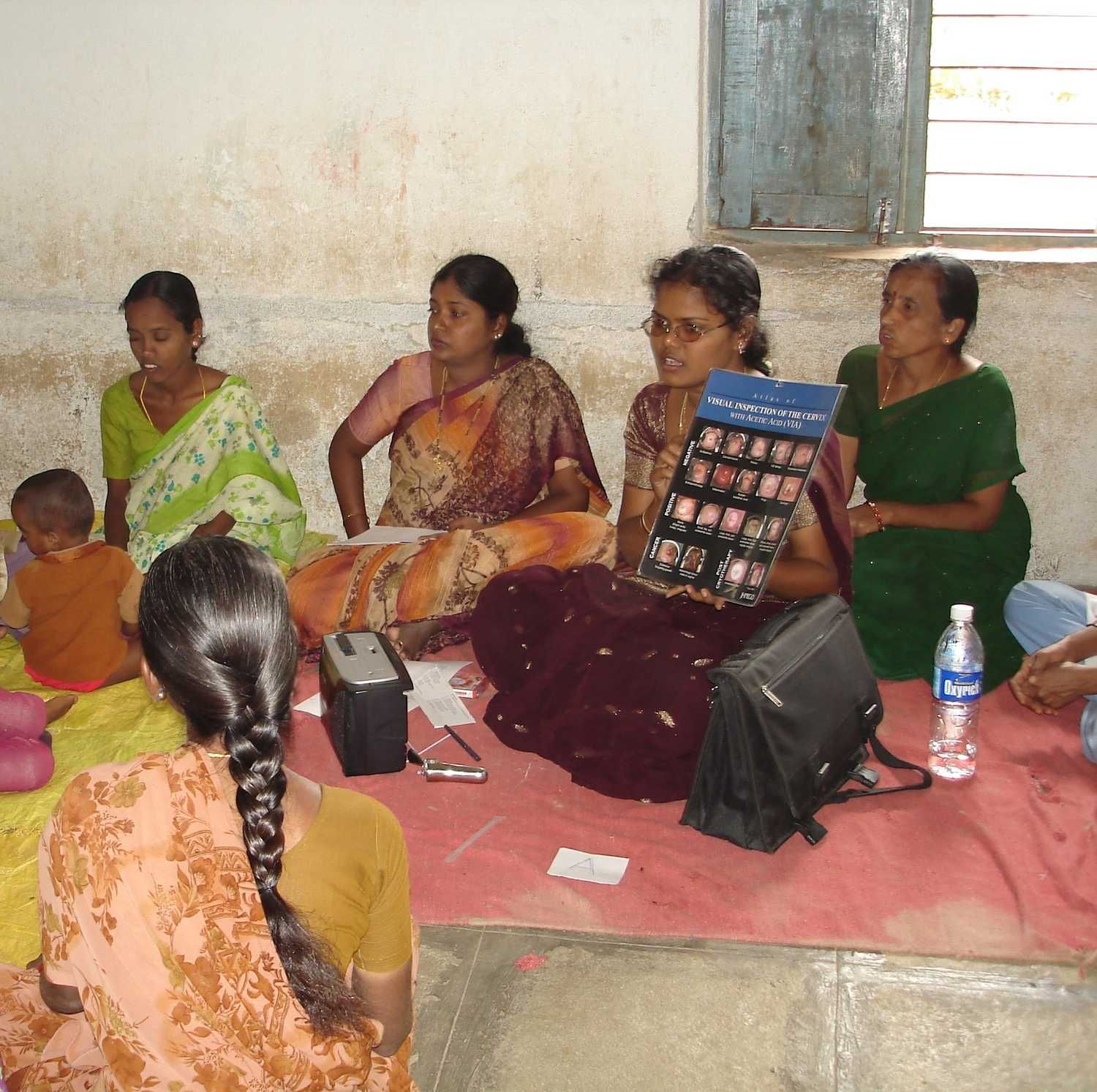 Professional businesswoman presenting healthcare related poster during team meeting