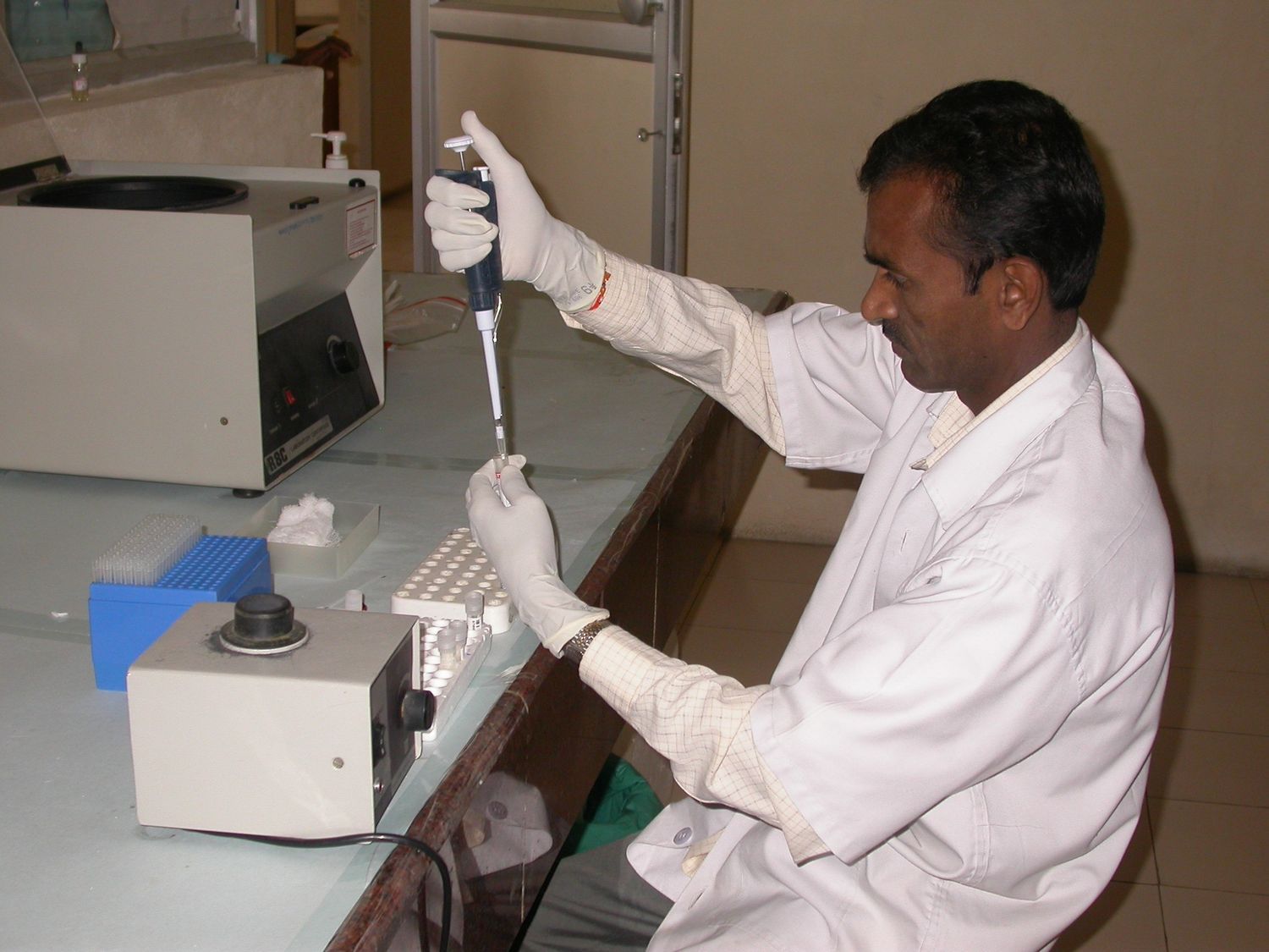 Laboratory technician performing sample preparation and analysis using pipetting techniques in a clinical laboratory